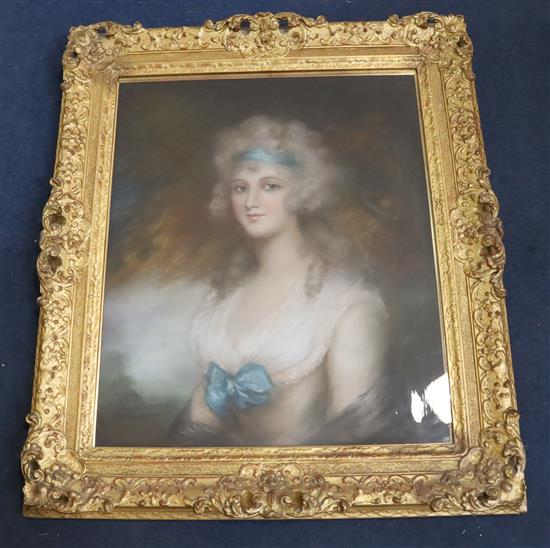 Attributed to John Russell RA (1745-1806) Portrait of a lady wearing blue ribbons in her hair and around her waist 29 x 24in.